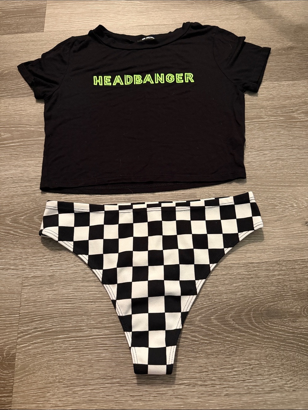 iHeartRaves Black Crop Tee with Black & White Checker High-Cut Bottoms